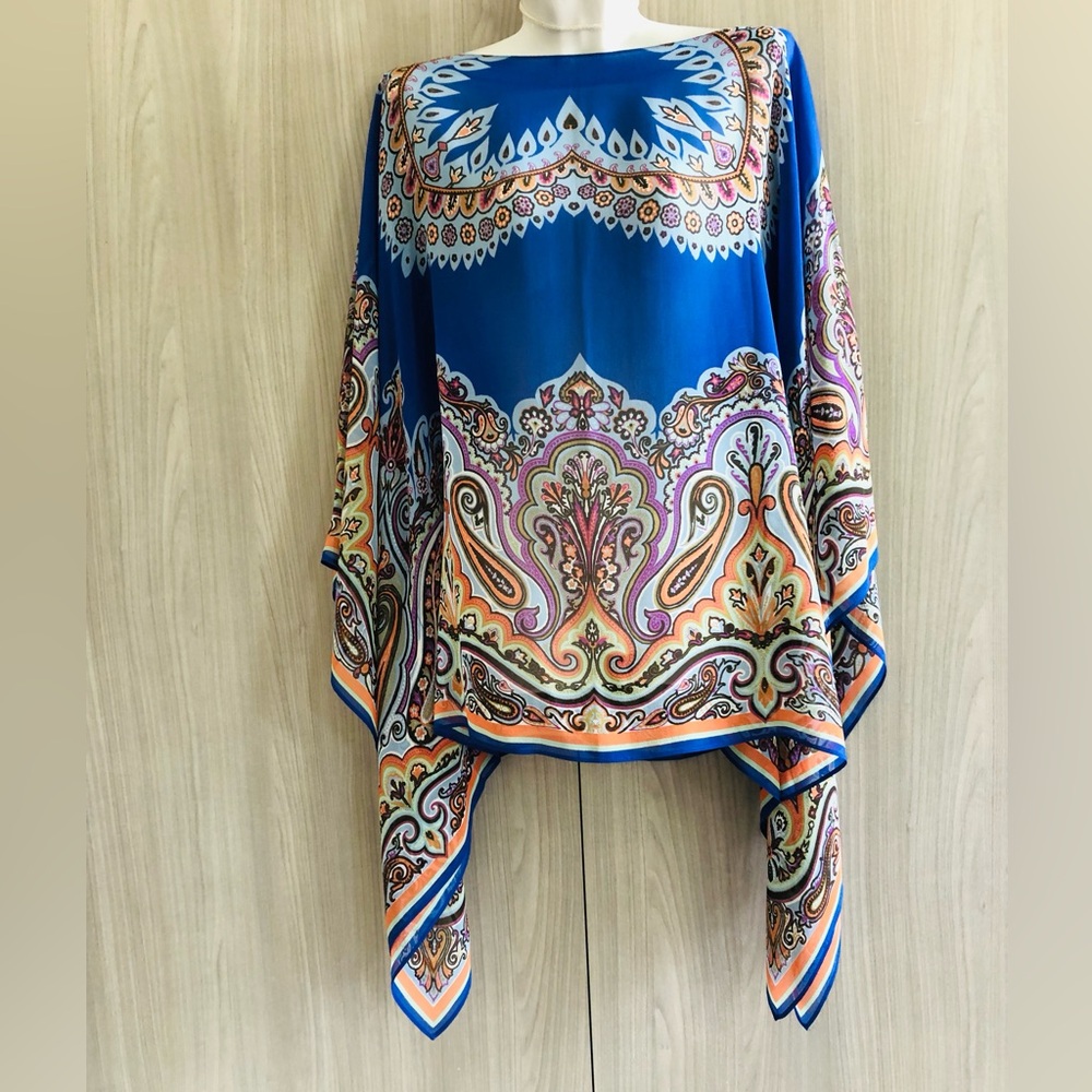 Brand New Blue Paisley Silk Top Tunic. Size one fits all.